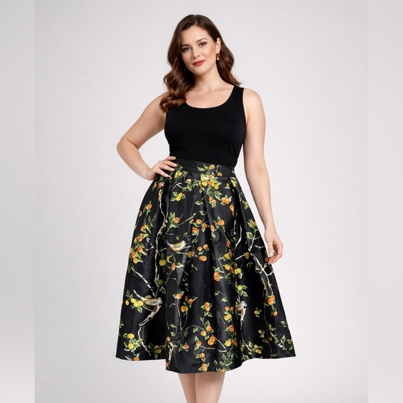 Modasize Dresses & Skirts - Modasize Black Fruit Print Pleated Midi Skirt Size L